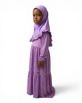 The Farah Dress — Girls’ Purple Hearts & Rainbows Modest Maxi with Ruffle Hijab