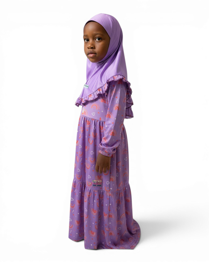 The Farah Dress — Girls’ Purple Hearts & Rainbows Modest Maxi with Ruffle Hijab