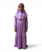 The Farah Dress — Girls’ Purple Hearts & Rainbows Modest Maxi with Ruffle Hijab