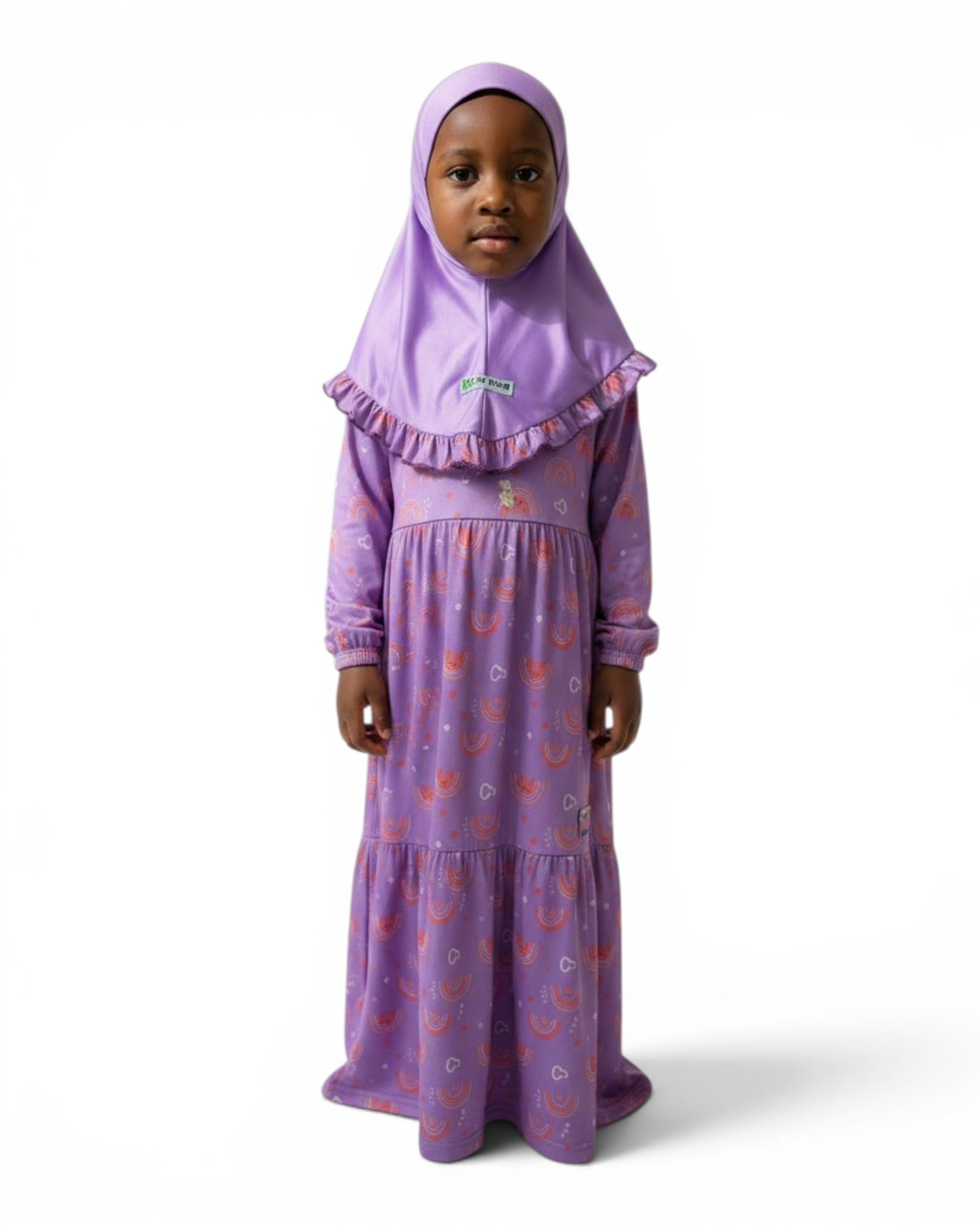 The Farah Dress — Girls’ Purple Hearts & Rainbows Modest Maxi with Ruffle Hijab