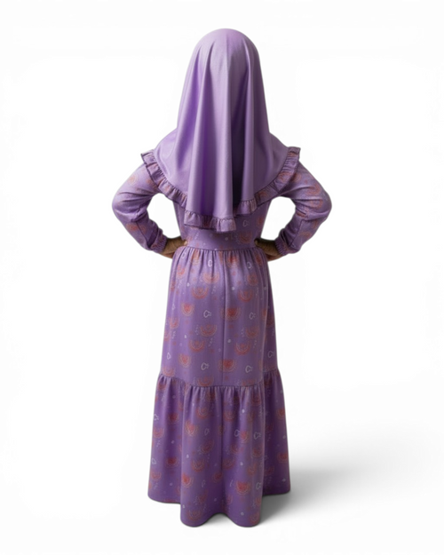 The Farah Dress — Girls’ Purple Hearts & Rainbows Modest Maxi with Ruffle Hijab