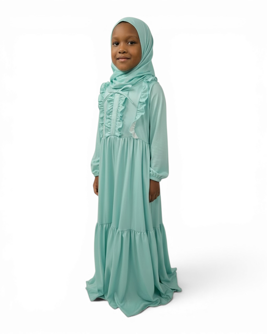 The Rihana Dress — Girls’ Sage Green Ruffle Bib Modest Maxi with Hijab