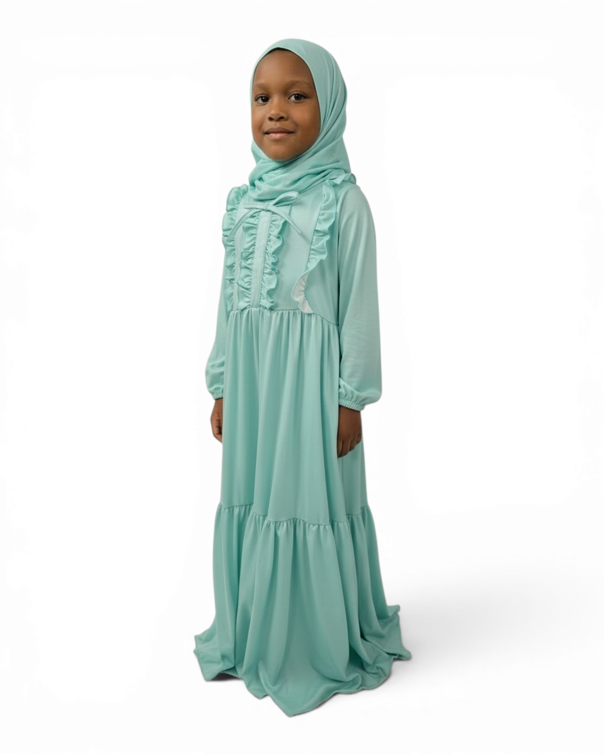 The Rihana Dress — Girls’ Sage Green Ruffle Bib Modest Maxi with Hijab