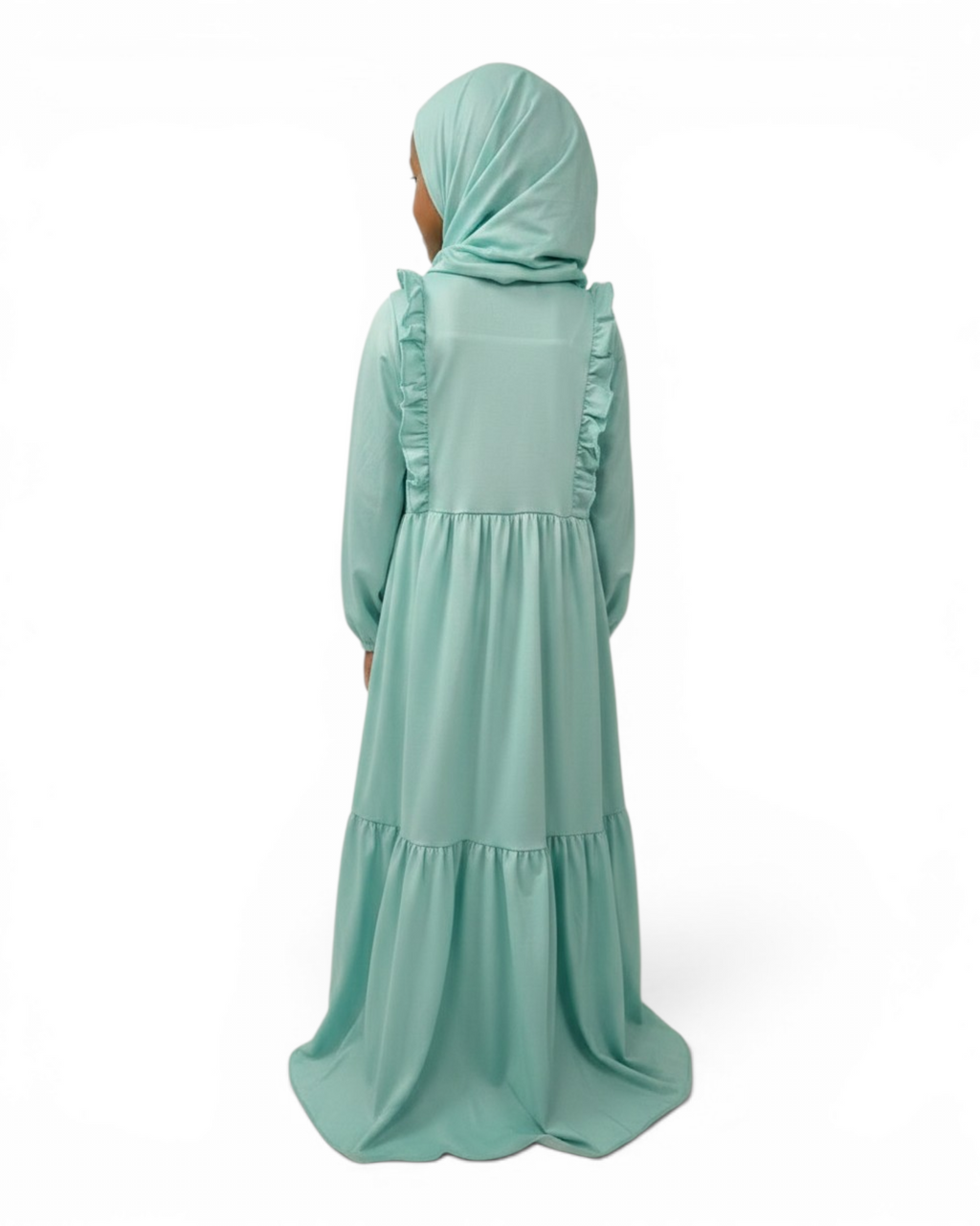 The Rihana Dress — Girls’ Sage Green Ruffle Bib Modest Maxi with Hijab