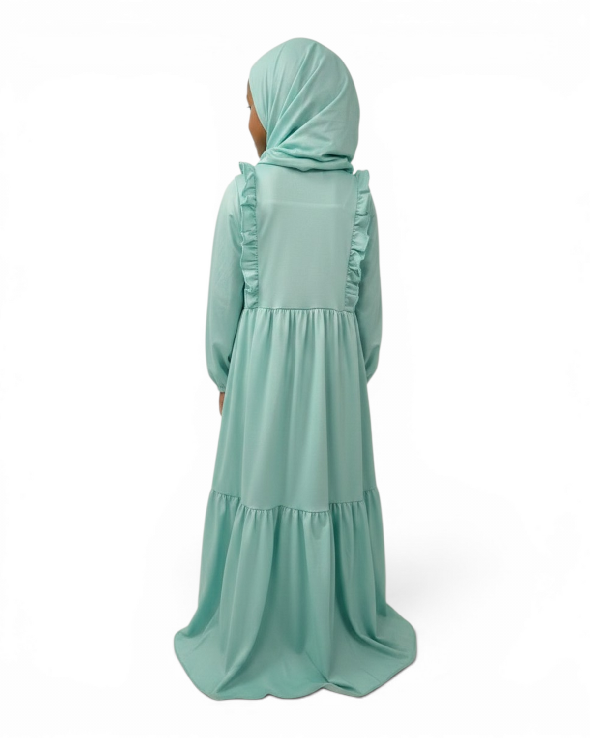 The Rihana Dress — Girls’ Sage Green Ruffle Bib Modest Maxi with Hijab