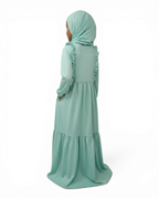 The Rihana Dress — Girls’ Sage Green Ruffle Bib Modest Maxi with Hijab