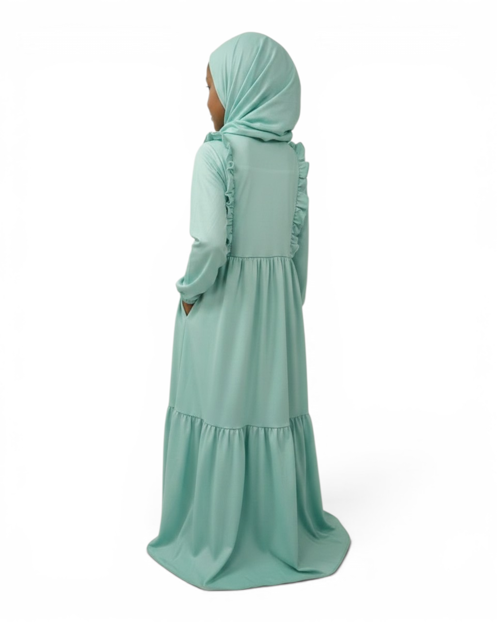 The Rihana Dress — Girls’ Sage Green Ruffle Bib Modest Maxi with Hijab
