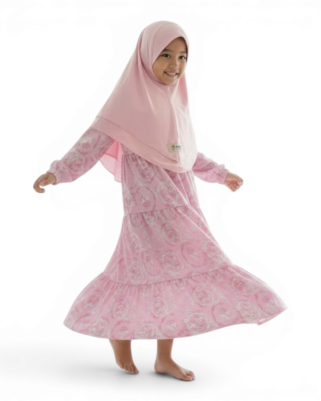 The Ward Dress — Girls’ Pink Tie-Dye Tiered Modest Maxi with Matching Hijab