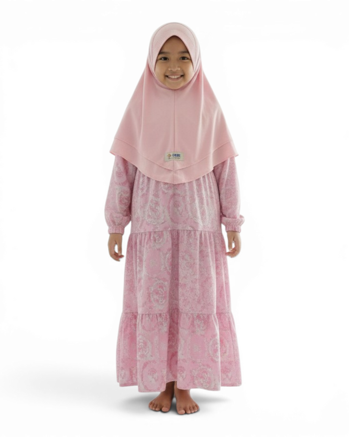 The Ward Dress — Girls’ Pink Tie-Dye Tiered Modest Maxi with Matching Hijab