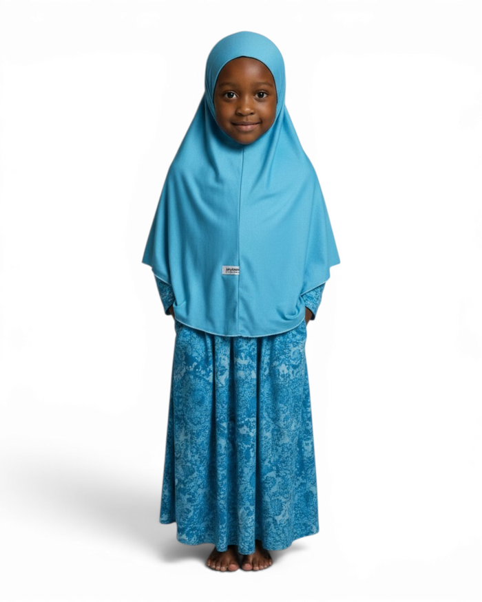 The Thalj Dress — Girls’ Turquoise Tie-Dye Modest Maxi with Matching Hijab
