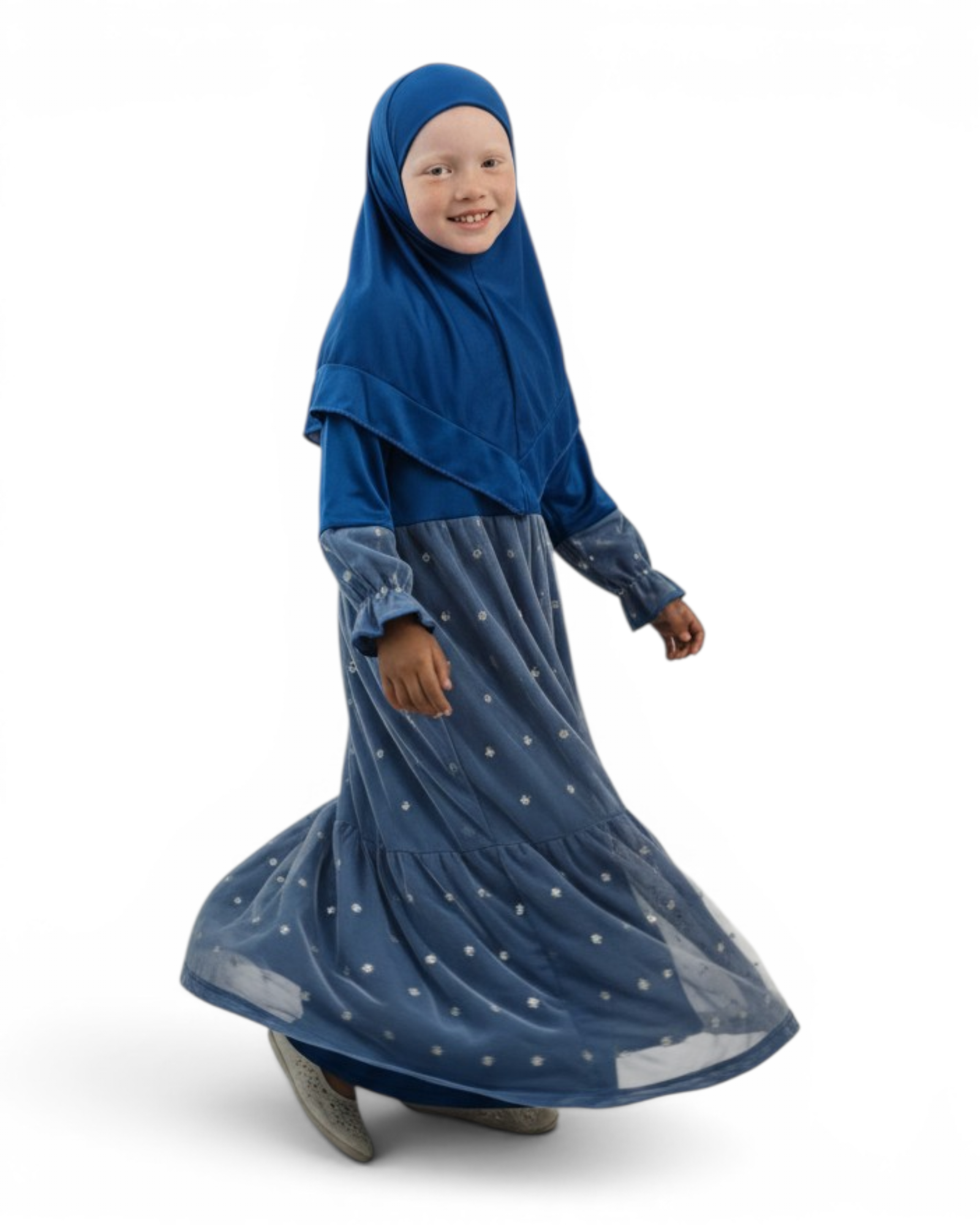 The Thuraya Dress — Girls’ Royal Blue Star Tulle Modest Maxi with Hijab
