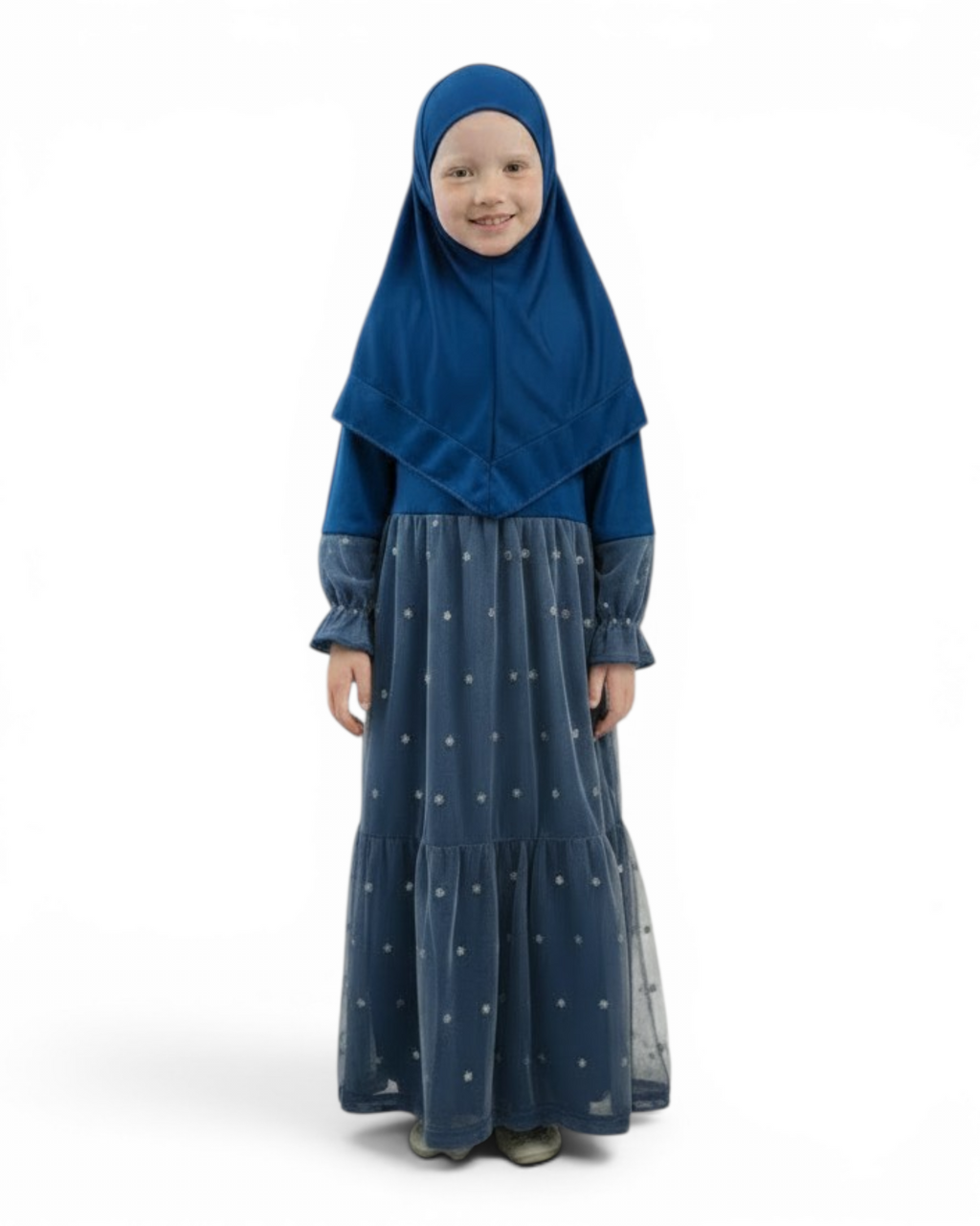 The Thuraya Dress — Girls’ Royal Blue Star Tulle Modest Maxi with Hijab