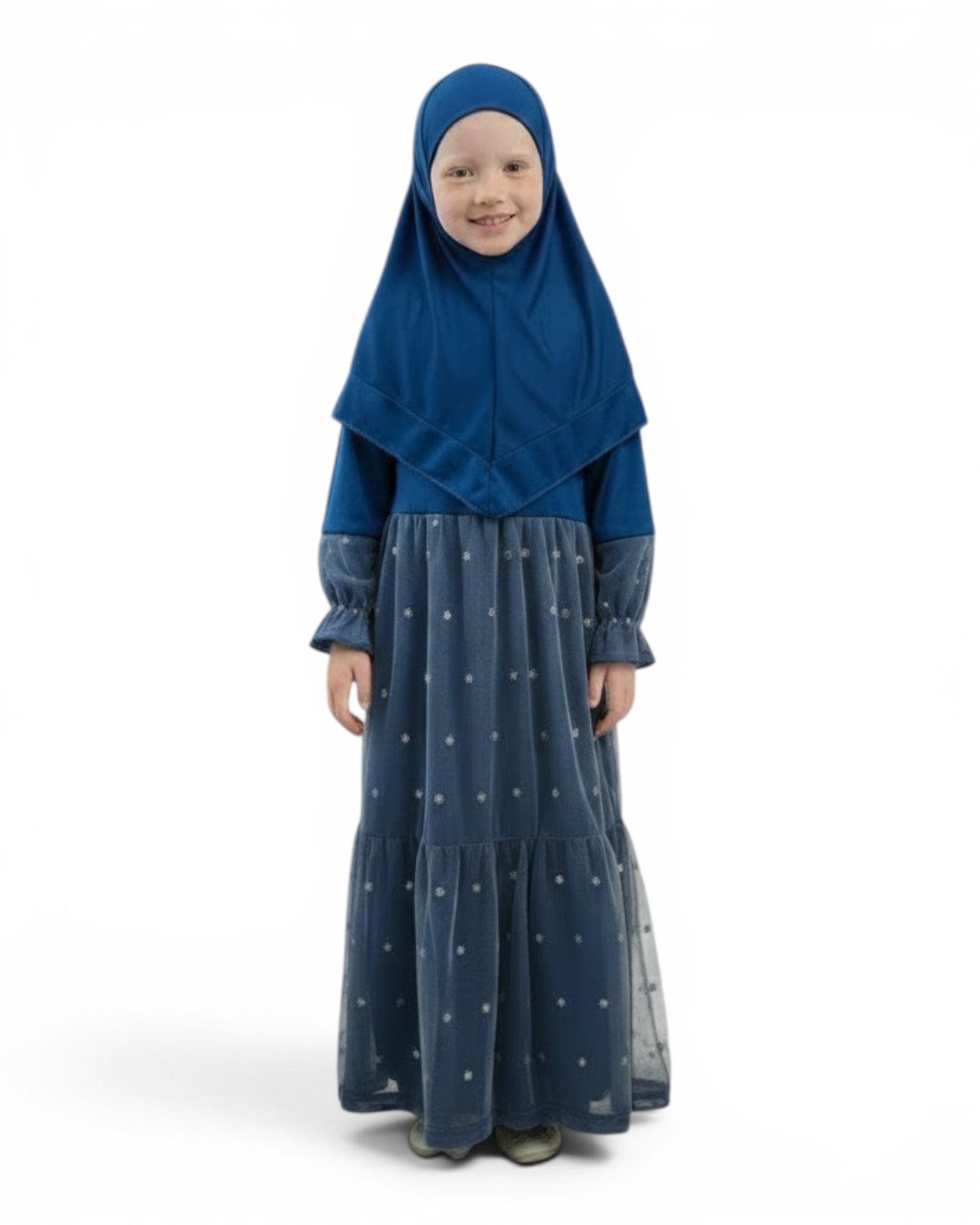 The Thuraya Dress — Girls’ Royal Blue Star Tulle Modest Maxi with Hijab