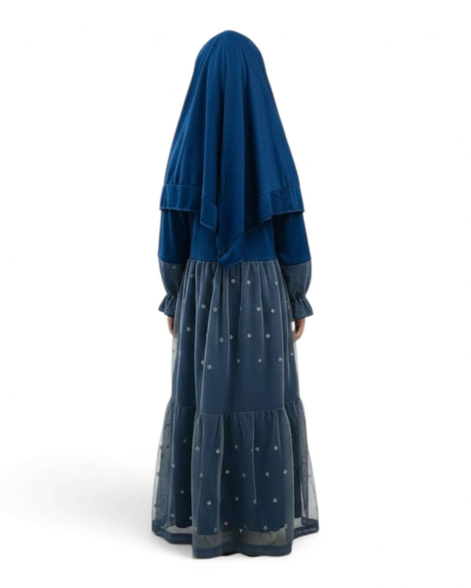 The Thuraya Dress — Girls’ Royal Blue Star Tulle Modest Maxi with Hijab