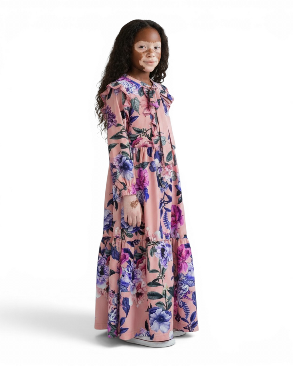 The Zahrah Dress — Girls’ Pink Floral Modest Maxi with Bow Tie