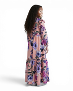 The Zahrah Dress — Girls’ Pink Floral Modest Maxi with Bow Tie