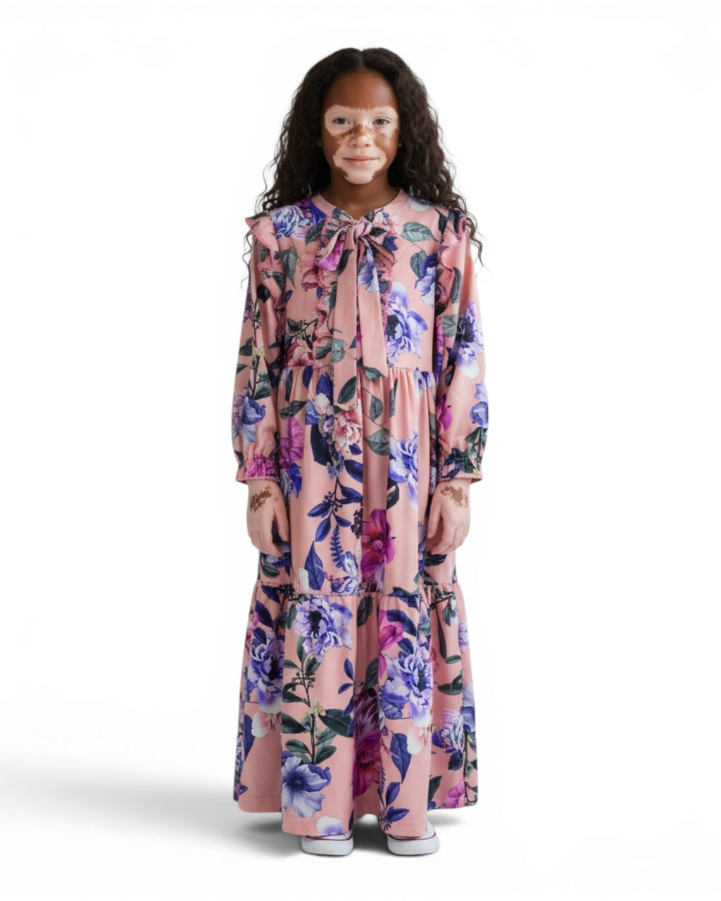The Zahrah Dress — Girls’ Pink Floral Modest Maxi with Bow Tie