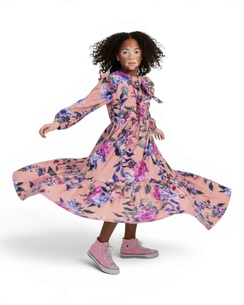 The Zahrah Dress — Girls’ Pink Floral Modest Maxi with Bow Tie