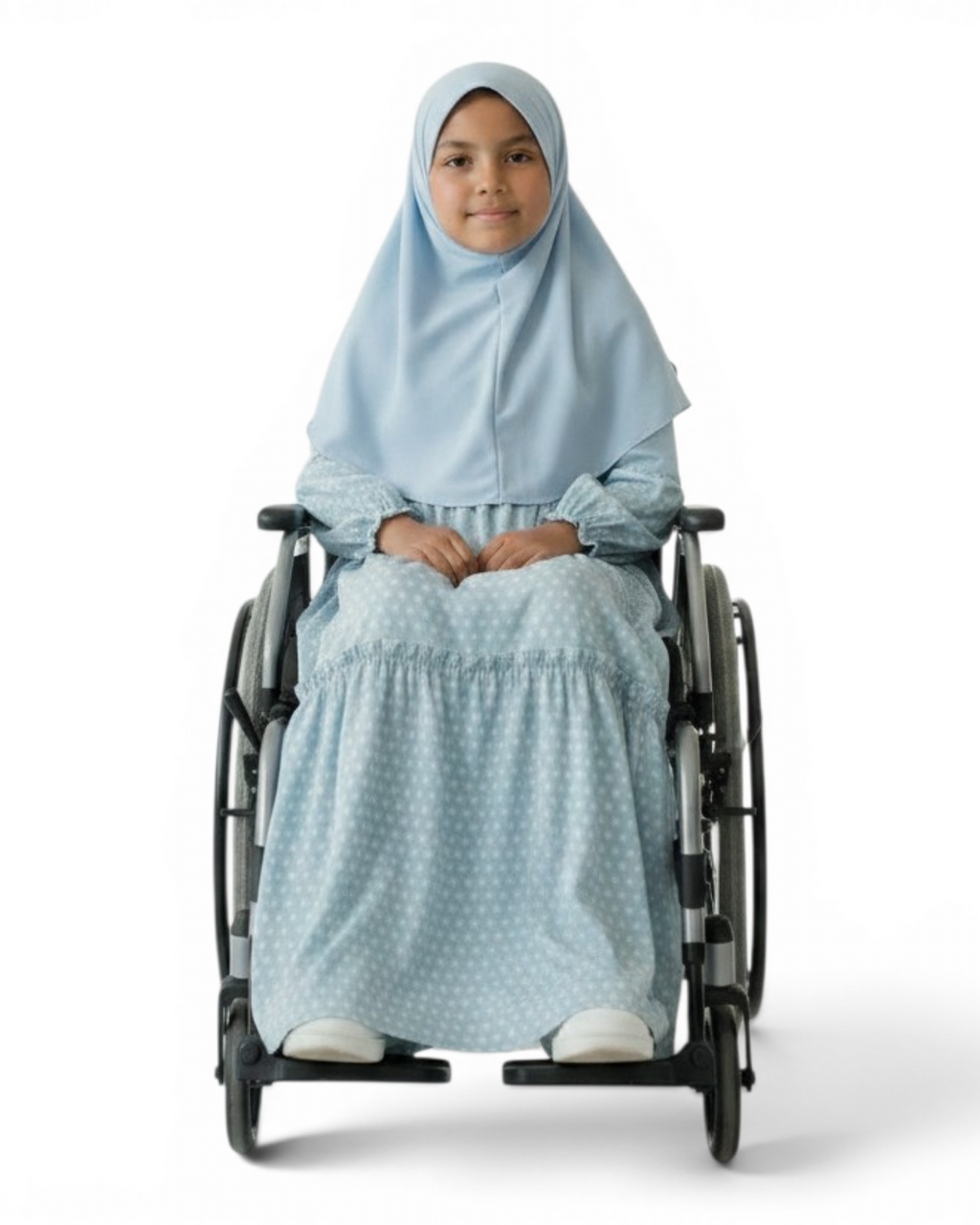 The Sakina Dress — Girls’ Blue Polka Dot Modest Maxi with Matching Hijab