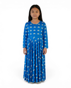 The Quzah Dress — Girls’ Cobalt Blue Rainbow Print Modest Maxi