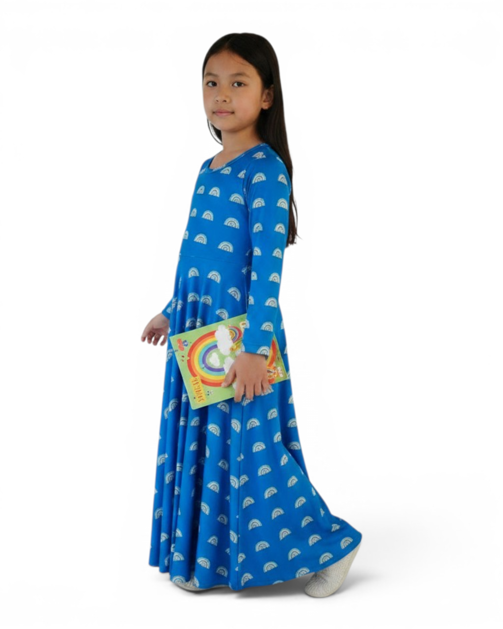 The Quzah Dress — Girls’ Cobalt Blue Rainbow Print Modest Maxi