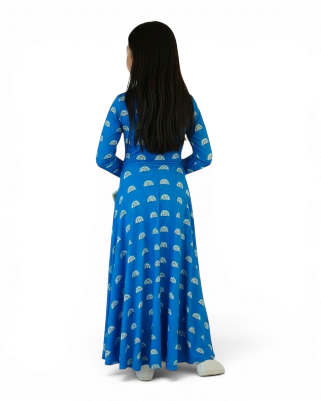 The Quzah Dress — Girls’ Cobalt Blue Rainbow Print Modest Maxi