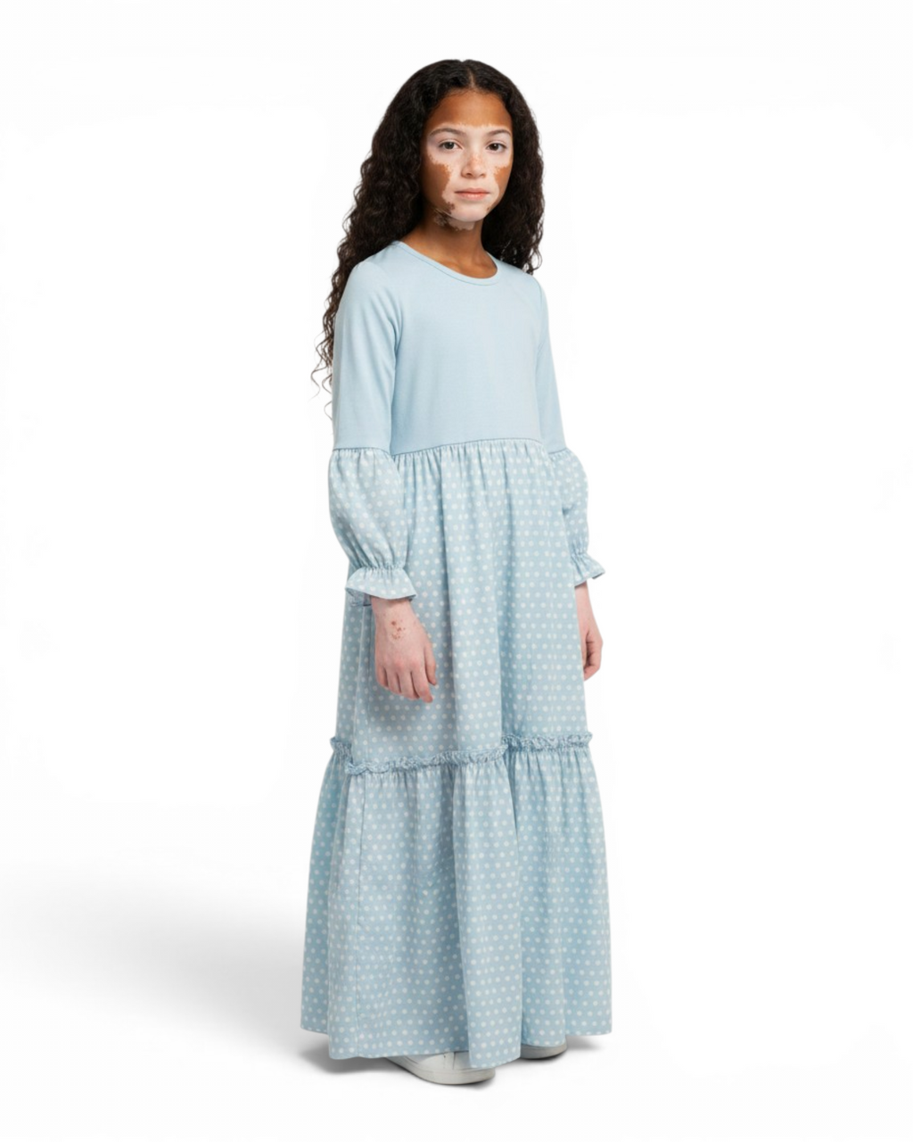 The Sakina Dress — Girls’ Blue Polka Dot Modest Maxi with Matching Hijab