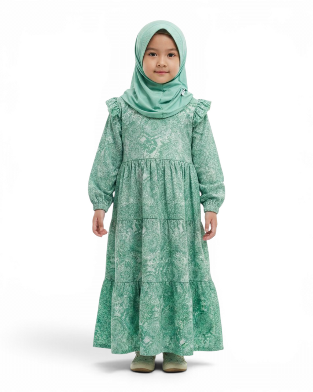 The Barakah Dress — Girls’ Mint Tie-Dye Modest Maxi with Matching Hijab