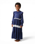The Layla Dress — Girls’ Navy Blue Modest Maxi with Lace Trim & Ruffles