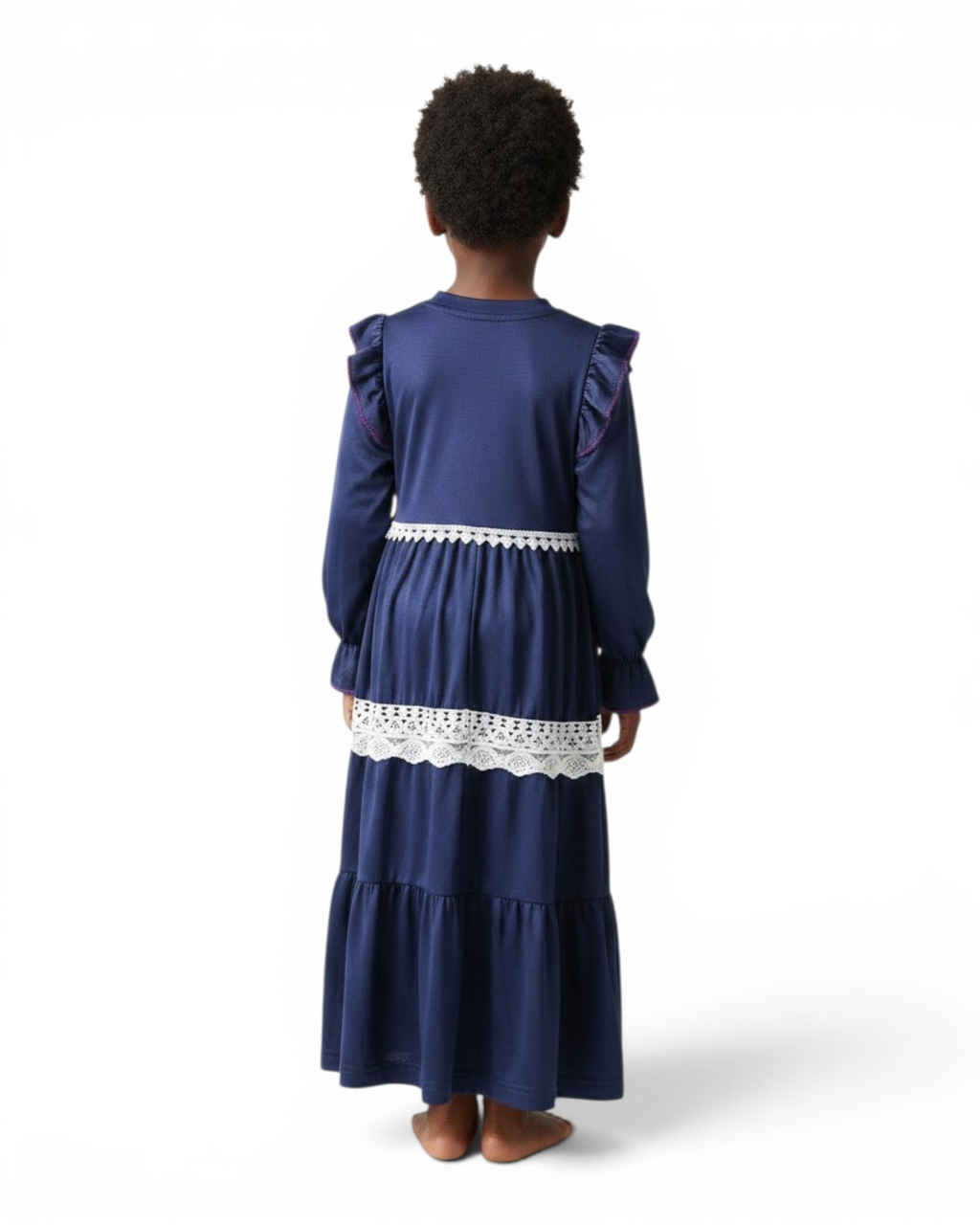 The Layla Dress — Girls’ Navy Blue Modest Maxi with Lace Trim & Ruffles