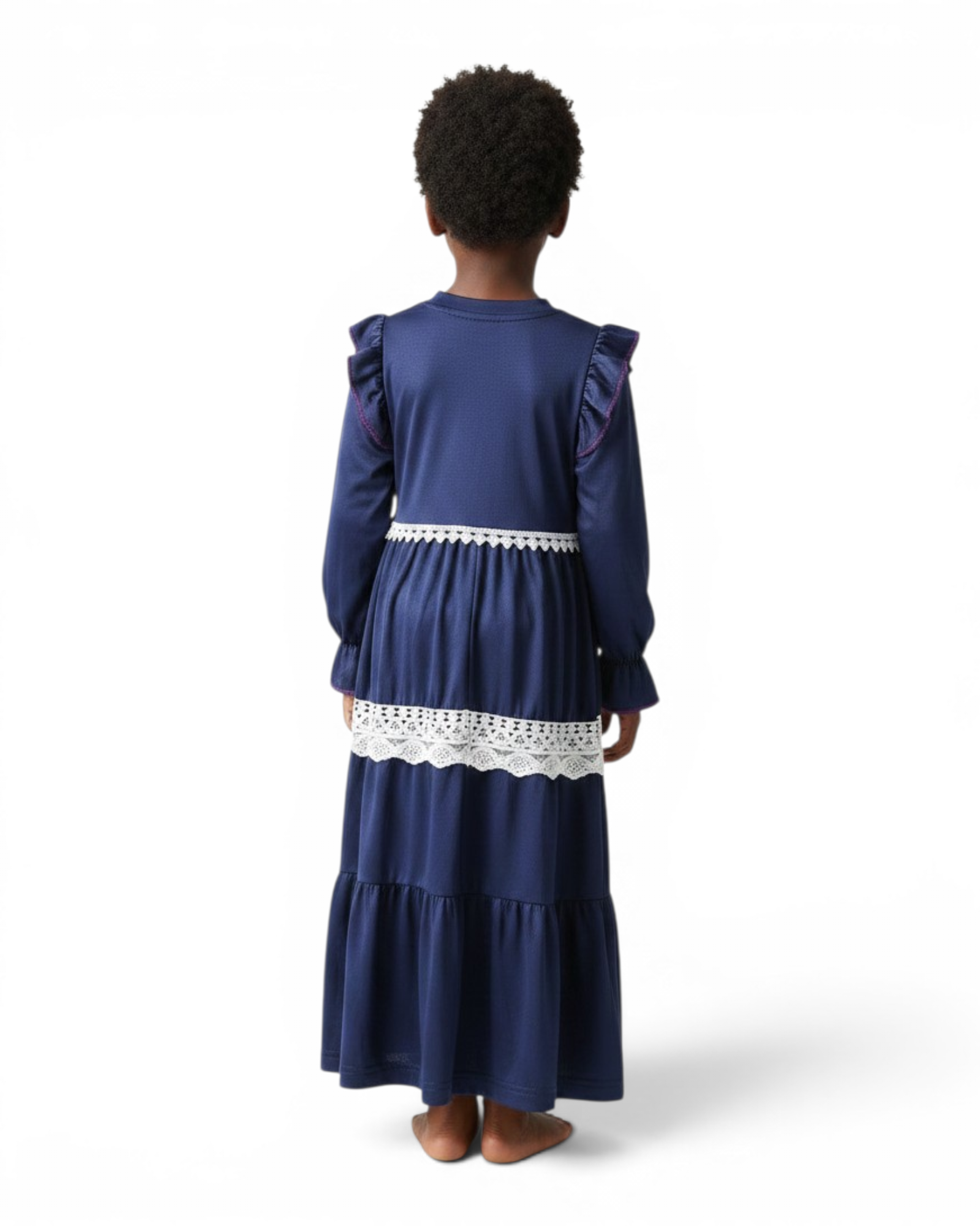 The Layla Dress — Girls’ Navy Blue Modest Maxi with Lace Trim & Ruffles