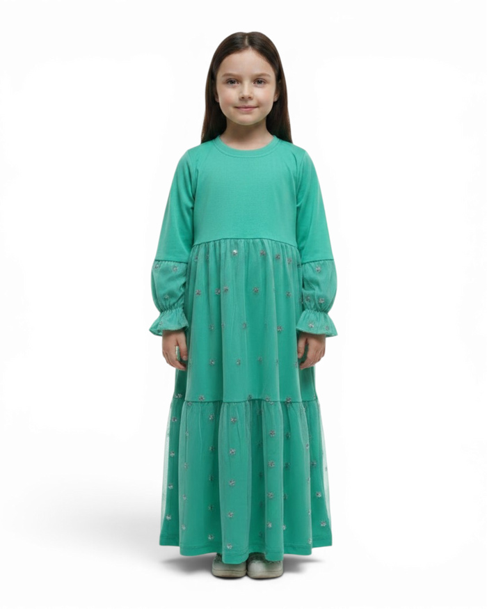 The Rawdah Dress — Girls’ Mint Green Tulle Modest Maxi with Floral Overlay