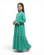 The Rawdah Dress — Girls’ Mint Green Tulle Modest Maxi with Floral Overlay