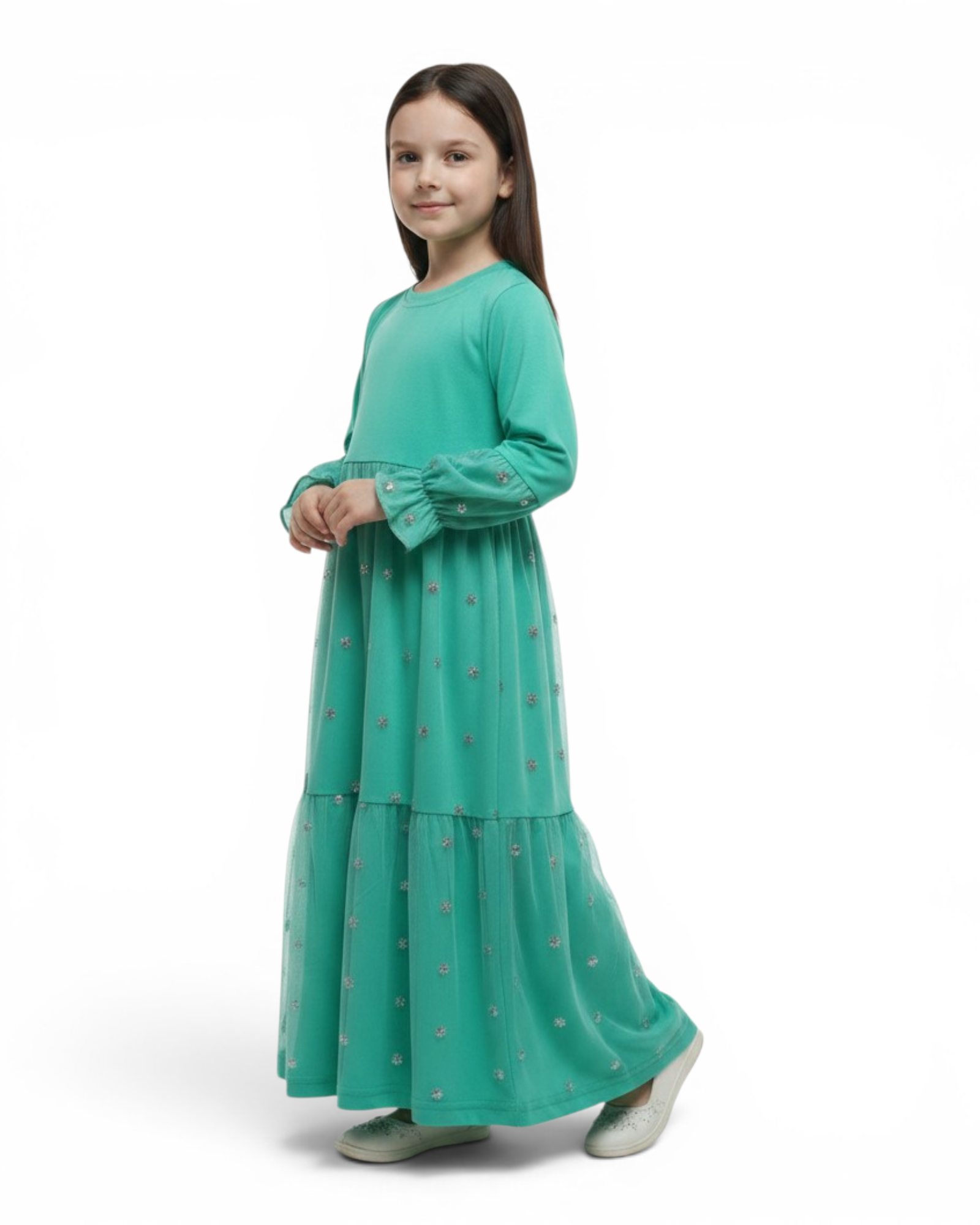 The Rawdah Dress — Girls’ Mint Green Tulle Modest Maxi with Floral Overlay