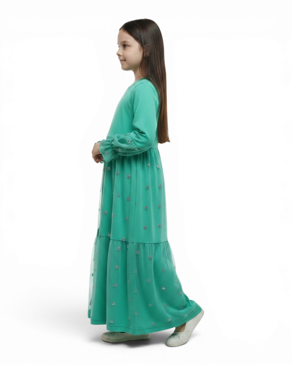 The Rawdah Dress — Girls’ Mint Green Tulle Modest Maxi with Floral Overlay
