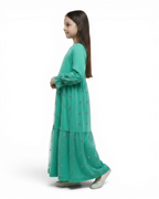 The Rawdah Dress — Girls’ Mint Green Tulle Modest Maxi with Floral Overlay