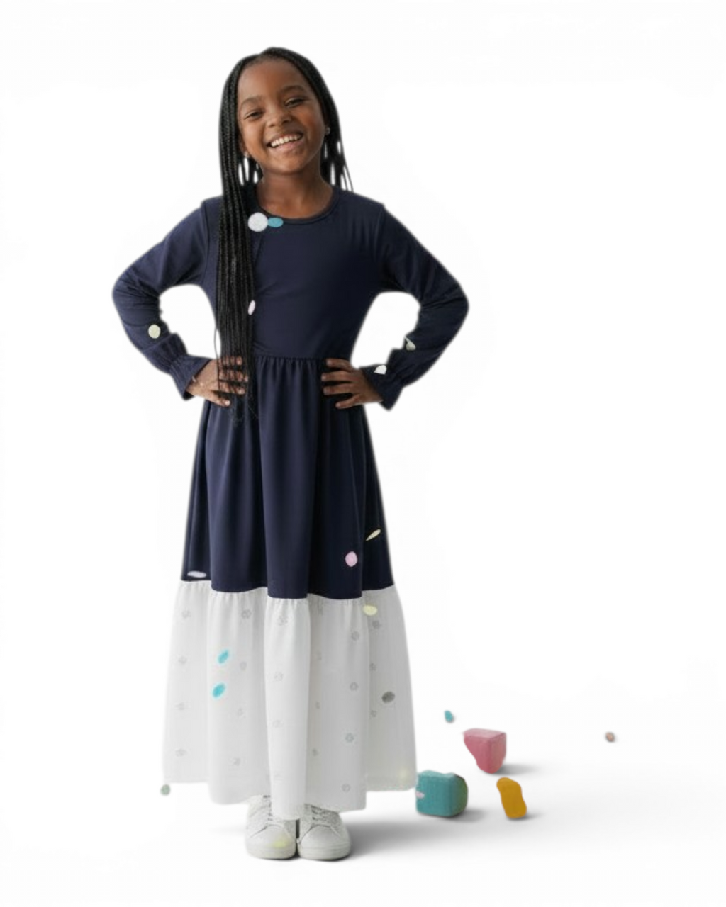 The Lujain Dress — Girls' Black & White Tulle Modest Maxi Dress Abaya with Matching Hijab
