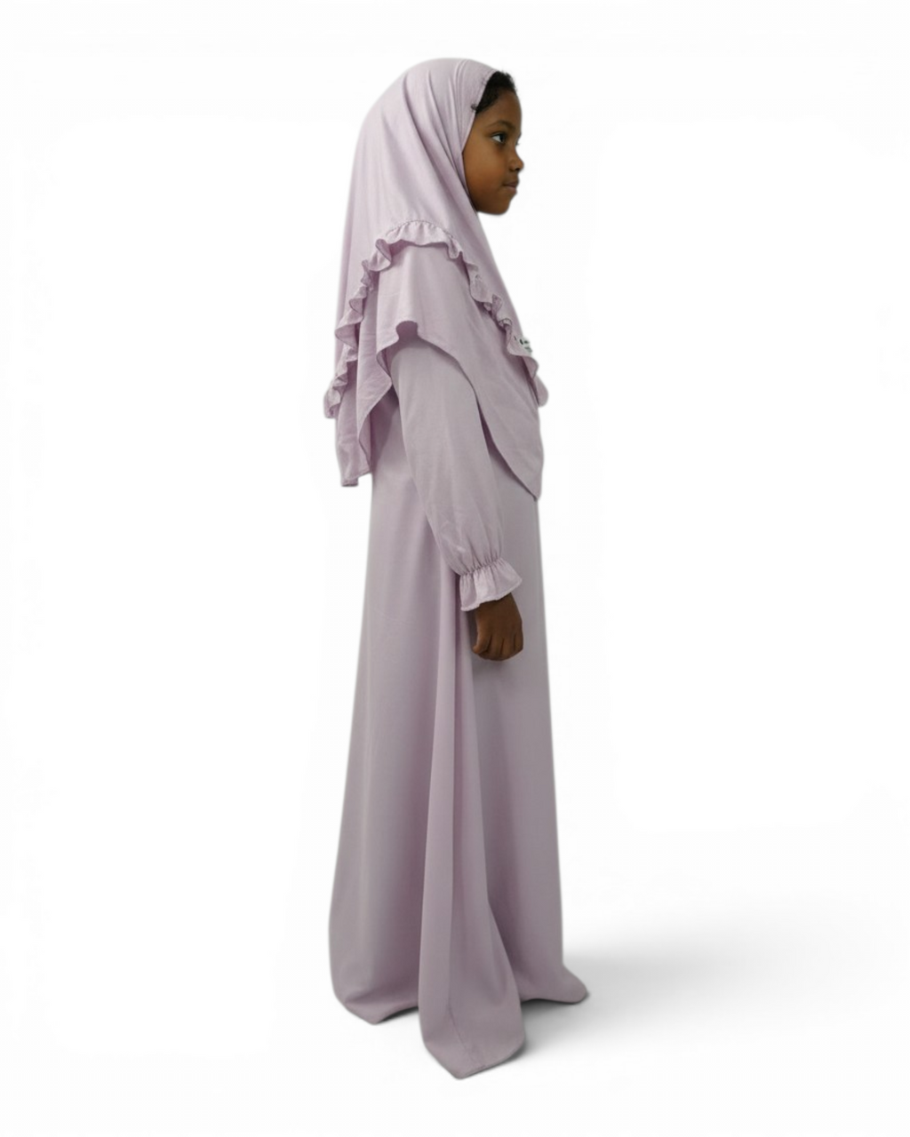 The Noor Dress — Girls’ Soft Lavender Modest Maxi with Ruffle Hijab