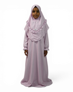 The Noor Dress — Girls’ Soft Lavender Modest Maxi with Ruffle Hijab