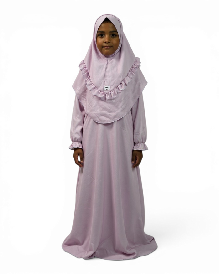 The Noor Dress — Girls’ Soft Lavender Modest Maxi with Ruffle Hijab