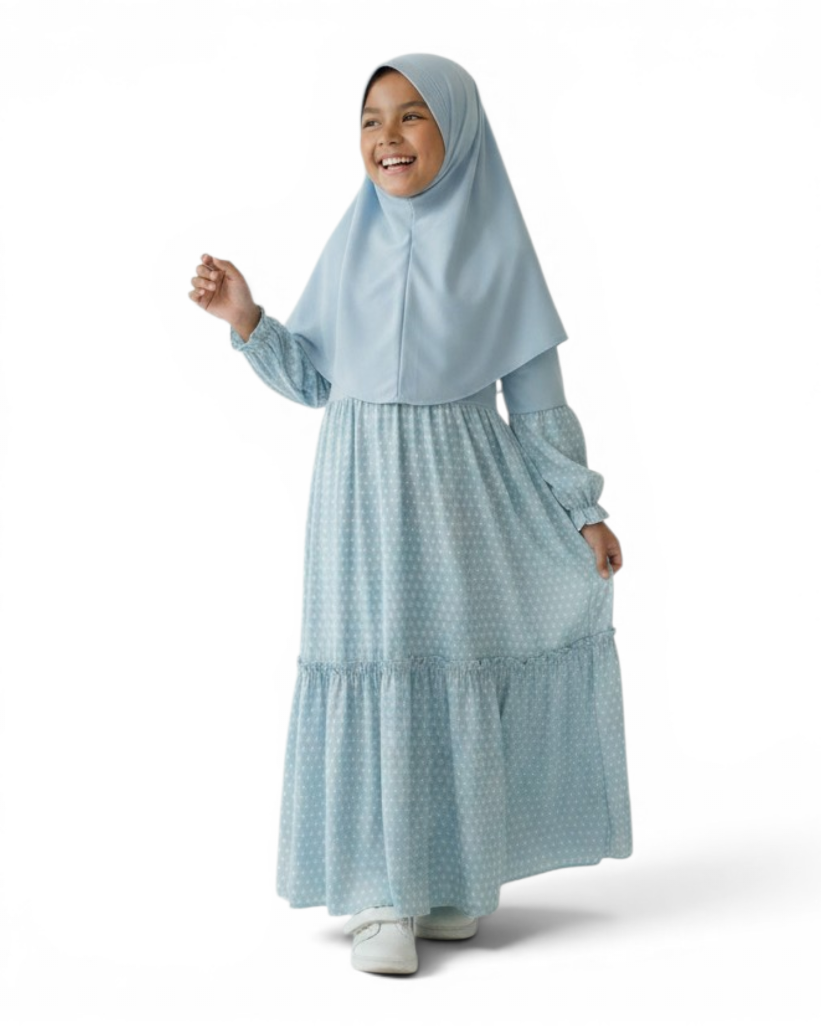 The Sakina Dress — Girls’ Blue Polka Dot Modest Maxi with Matching Hijab