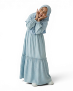 The Sakina Dress — Girls’ Blue Polka Dot Modest Maxi with Matching Hijab