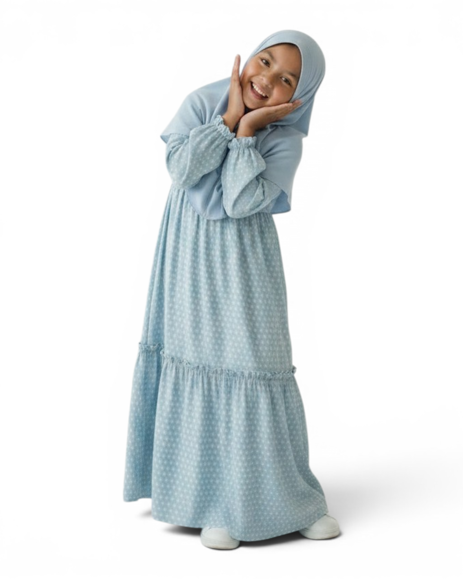 The Sakina Dress — Girls’ Blue Polka Dot Modest Maxi with Matching Hijab