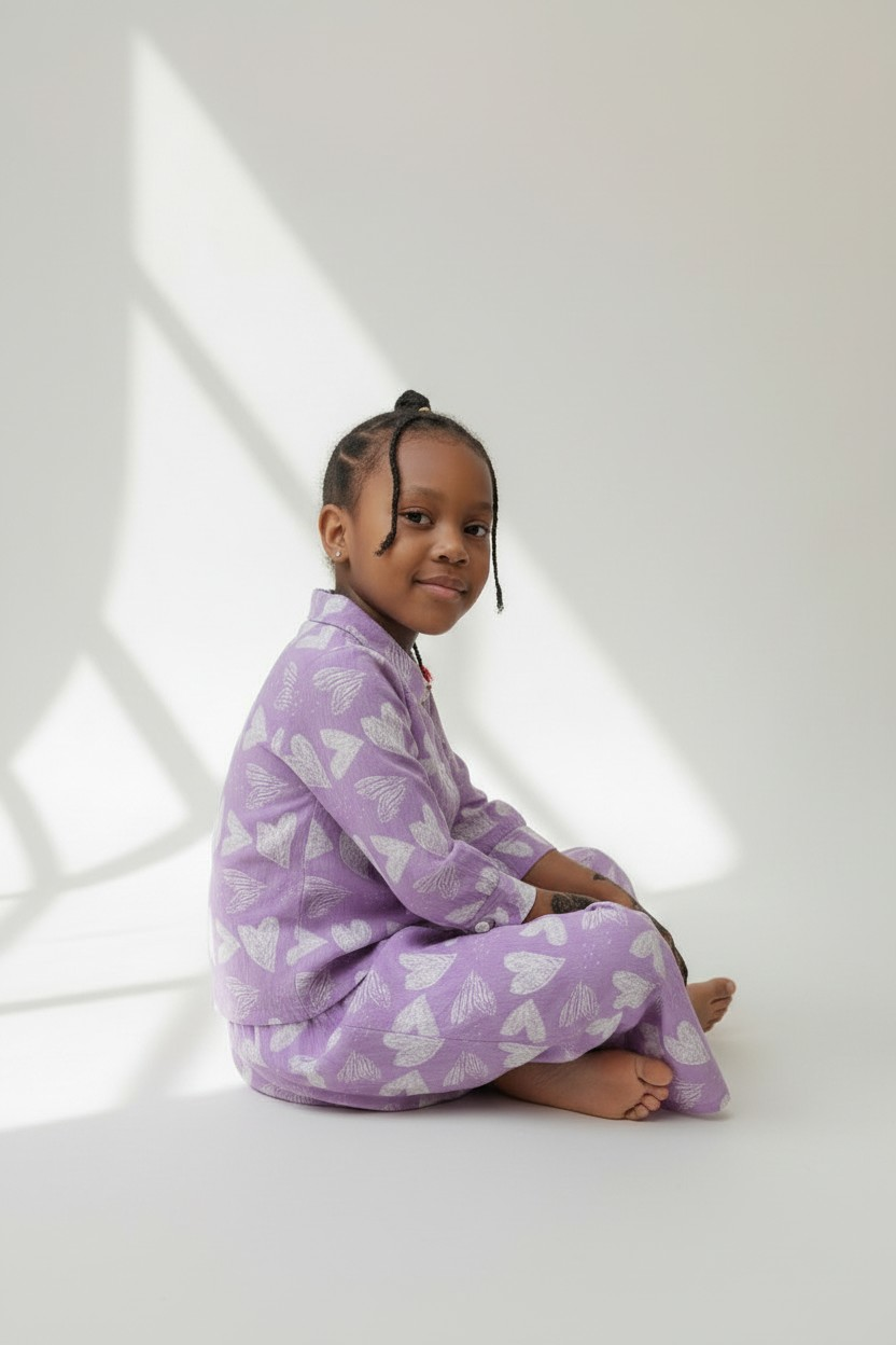 The Qalb Pajama Set — Girls’ Purple Heart-Print Two-Piece Pajamas with White Hijab