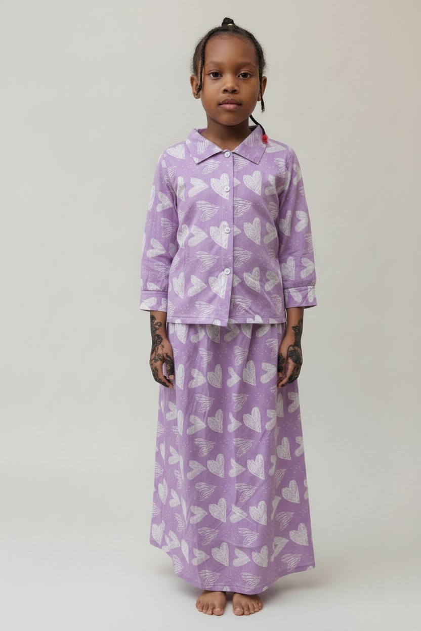 The Qalb Pajama Set — Girls’ Purple Heart-Print Two-Piece Pajamas with White Hijab