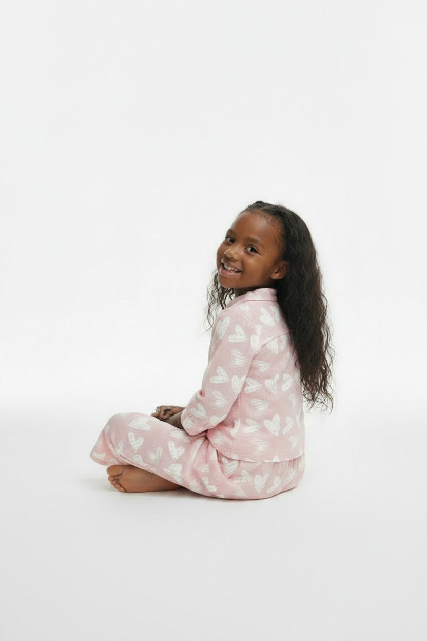 The Qalb Pajama Set — Girls’ Soft Pink Heart-Print Two-Piece Pajamas with White Hijab