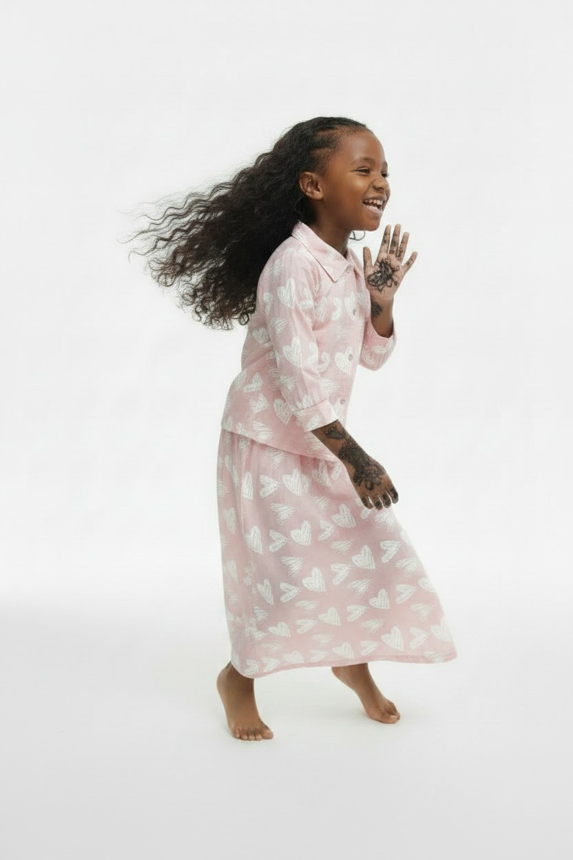 The Qalb Pajama Set — Girls’ Soft Pink Heart-Print Two-Piece Pajamas with White Hijab