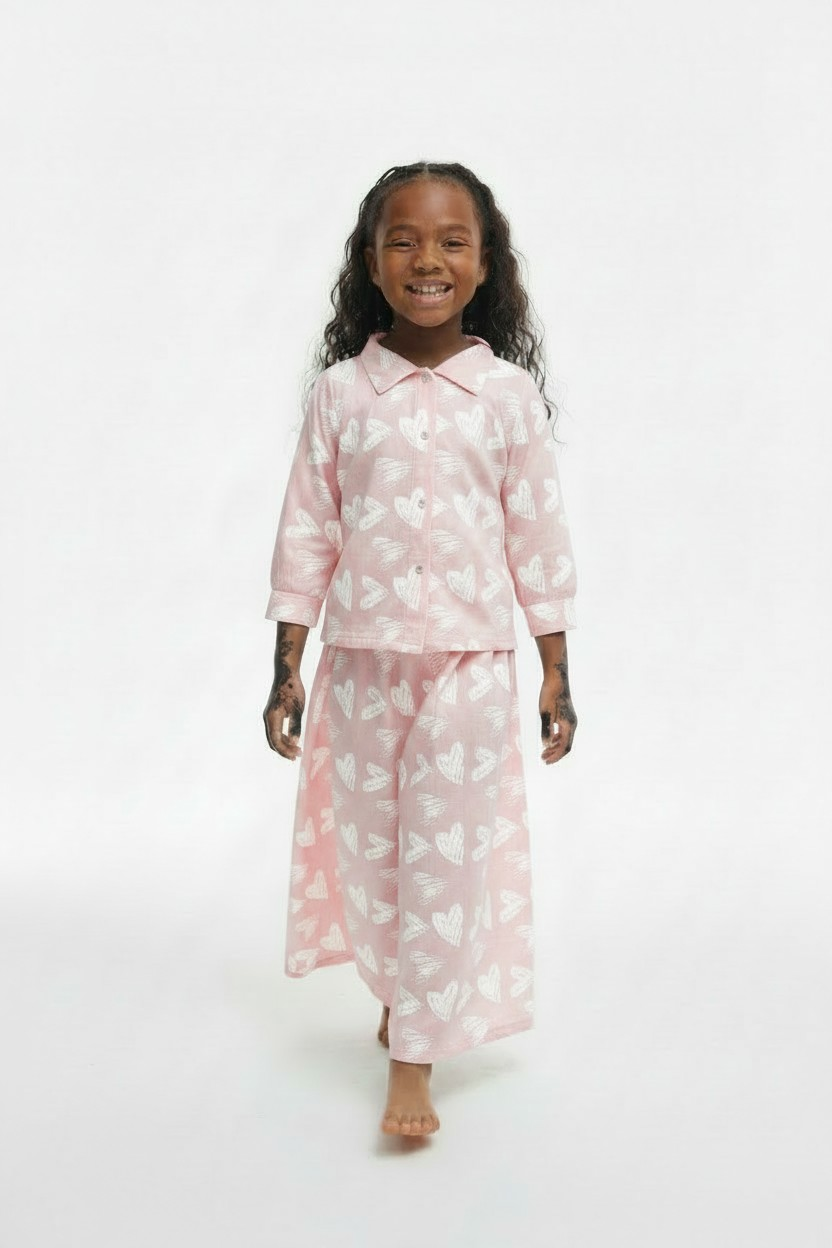 The Qalb Pajama Set — Girls’ Soft Pink Heart-Print Two-Piece Pajamas with White Hijab