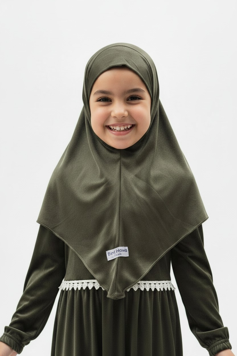 The Zaytun Abaya — Girls’ Olive Green Modest Set with Matching Hijab