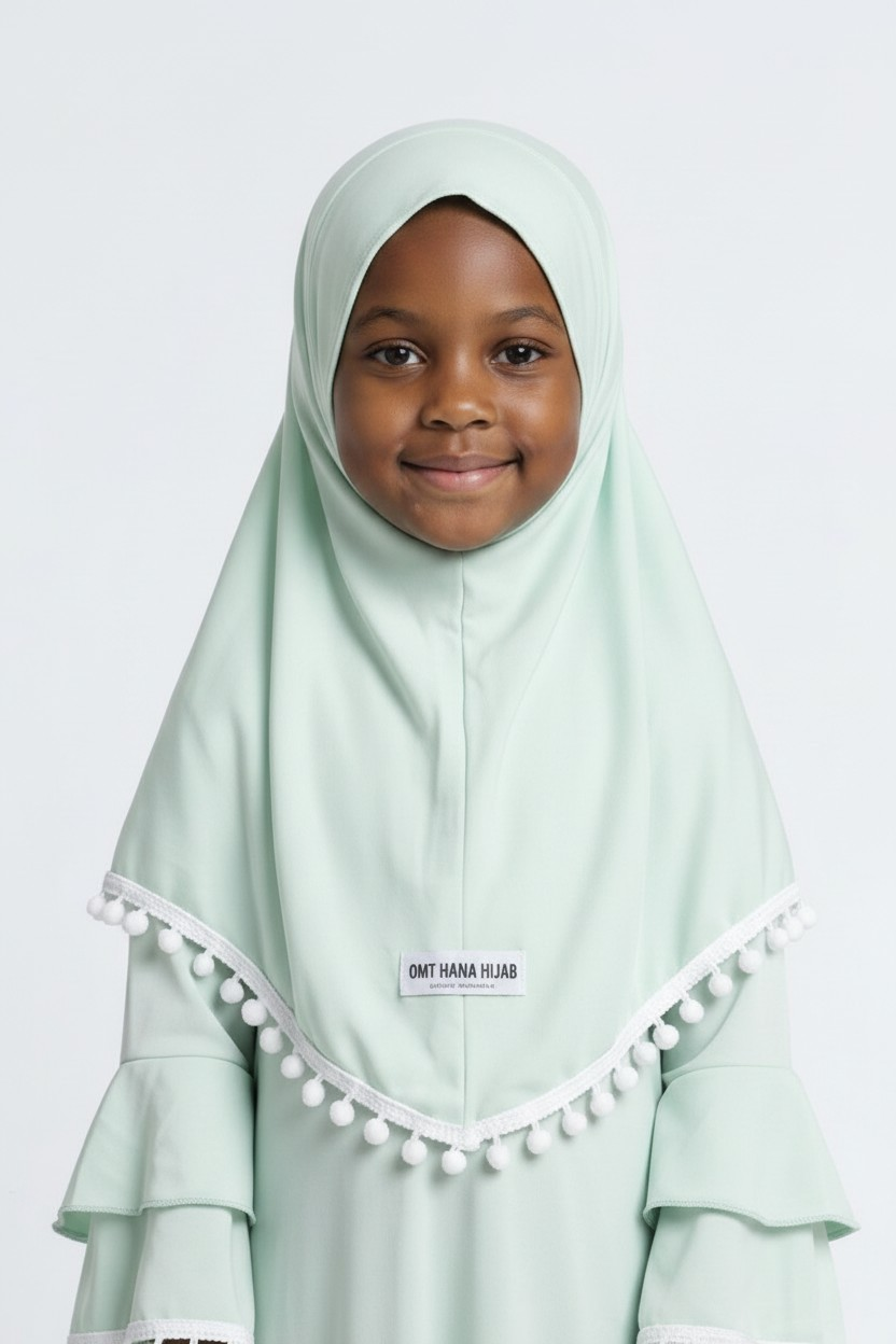 The Hana Dress — Girls’ Mint Green Pom-Pom Modest Maxi with Layered Hijab